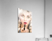 Sexy retro pinup girl applying makeup on lips Acrylic Print