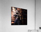 Female jester walking inside dark castle stairwell Acrylic Print