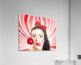 Happy young retro woman with lollipop toffee apple Acrylic Print