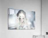 Classy sixties fashion girl in foggy field Acrylic Print