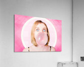 70s pin-up girl blowing pink bubble gum ball Acrylic Print