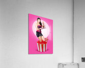 Pin-up girl popping out of large birthday cake Acrylic Print