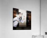Crazy businessman running in fear from danger Acrylic Print