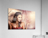 Beautiful woman catching rain in summer sun shower Acrylic Print