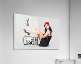 Lovely asian pinup girl posing on vintage tv set Acrylic Print