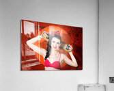 Retro pinup girl holding old wooden skateboard Acrylic Print