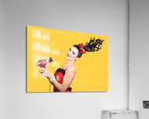 Cute brunette retro woman with hair dryer Acrylic Print