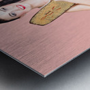 A pin up girl holding a little wooden skateboard Metal print