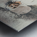 Vintage snowboarding man carrying board in snow Metal print