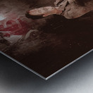 Scary horror man slinging bloody chainsaw in dark Metal print