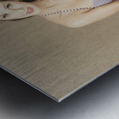 Vintage young pin up woman with phone. Contact us Metal print