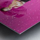 Smiling female model dancing in falling rain Metal print