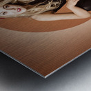 Happy pin up girl talking on retro box telephone Metal print