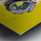 Woman in fear holding gas mask on white background Metal print