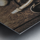 Vintage toy slingshot on wooden cubby house floor Metal print