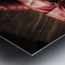 Retro red boxing gloves on wooden training bench Metal print