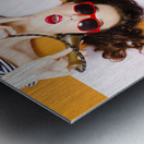 Pin-up beauty decision making on old phone Metal print