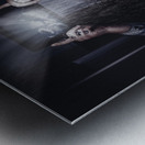 Woman checking weather forecast on tablet Metal print