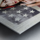 USA pin-up woman. On vintage American flag wall Metal print