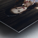 Young brunette pin-up woman on old film projector Metal print