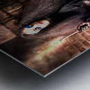 Female jester walking inside dark castle stairwell Metal print