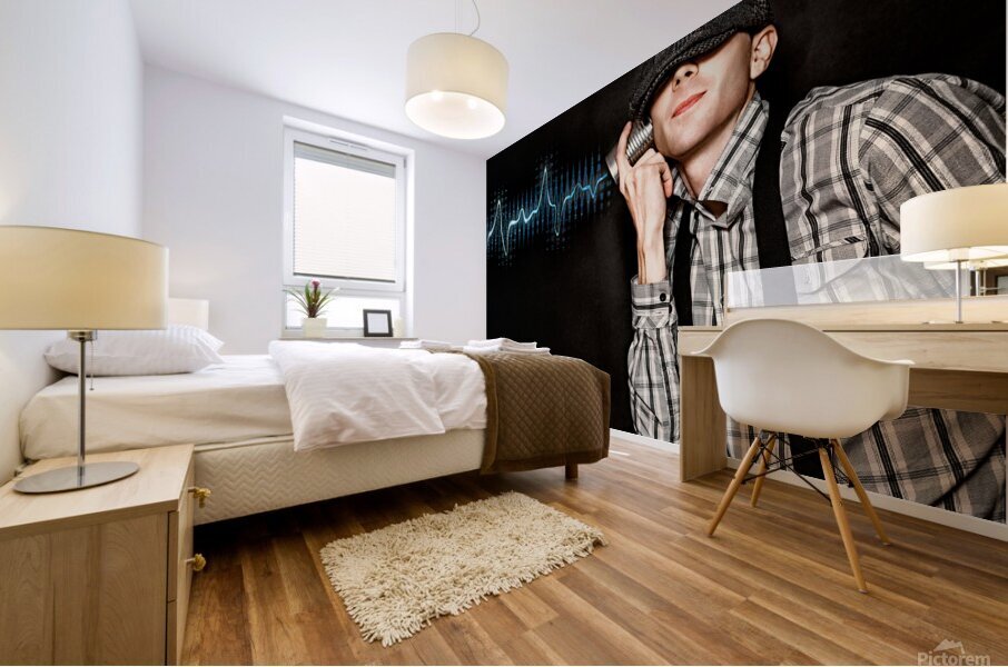 Cute Little Vintage Boy Playing With Tin Can Phone Mural print