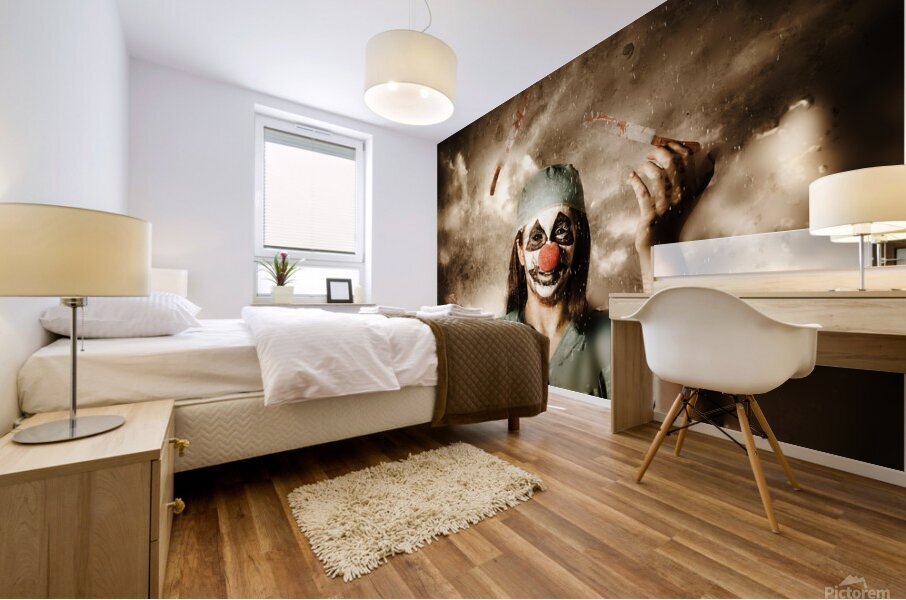 Evil surgeon clown juggling bloody knives outside Mural print