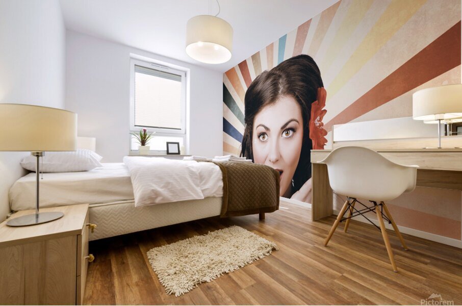 Beautiful retro brunette girl with surprised look Mural print