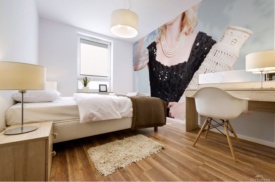 Blond woman drawing a travel landmark illustration Mural print