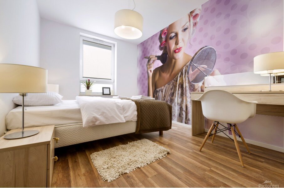 Beautiful Retro Woman Applying Makeup Cosmetics Mural print