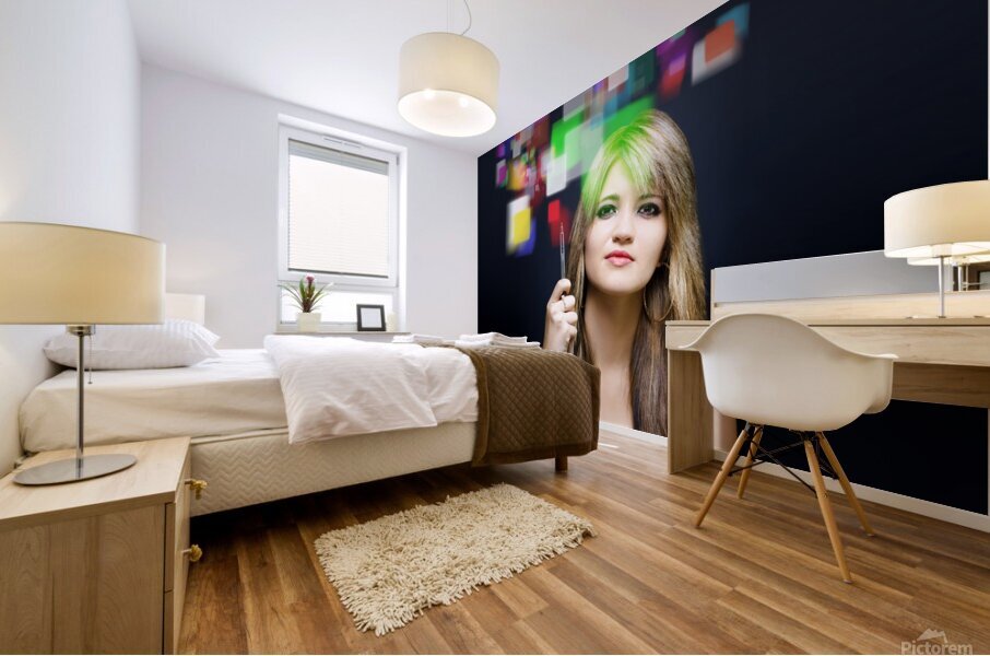 Woman accessing digital media with touch screen Mural print