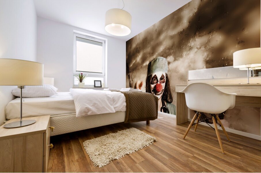 Scary clown doctor throwing knives outdoors Mural print