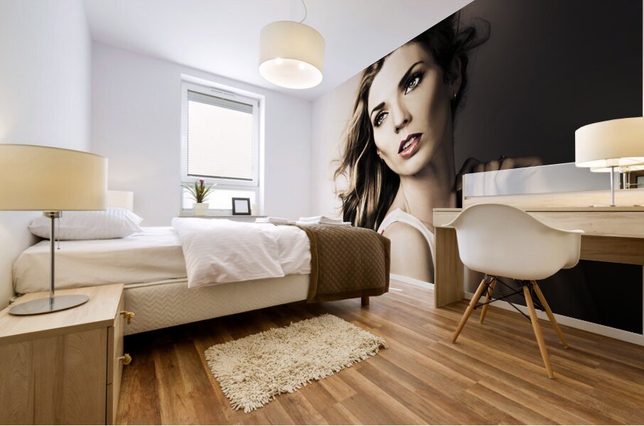 Amazing Brunette Woman. Beautiful Long Wavy Hair Mural print