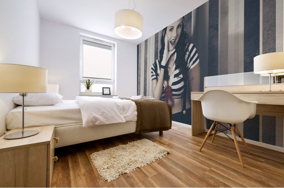 Young retro pinup woman shouting maritime surprise Mural print