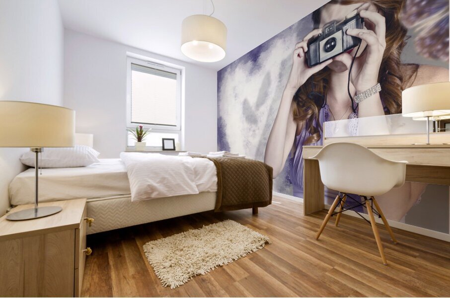 Woman with camera. Love in a still frame capture Mural print