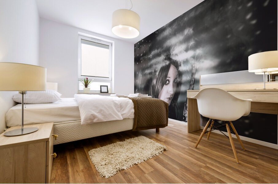 Pretty female spy hiding in shadows with weapon Mural print