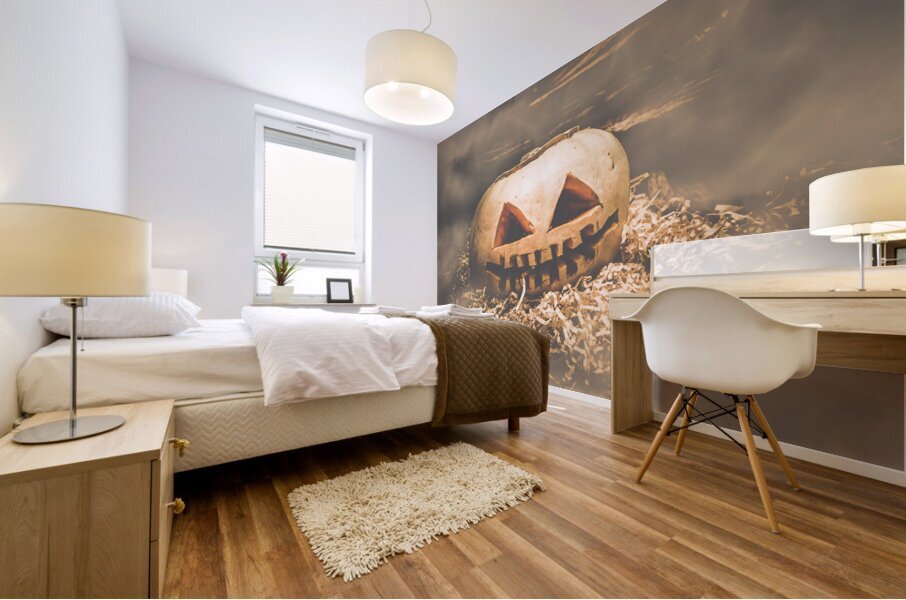 Rustic barn pumpkin head in horror fog Mural print