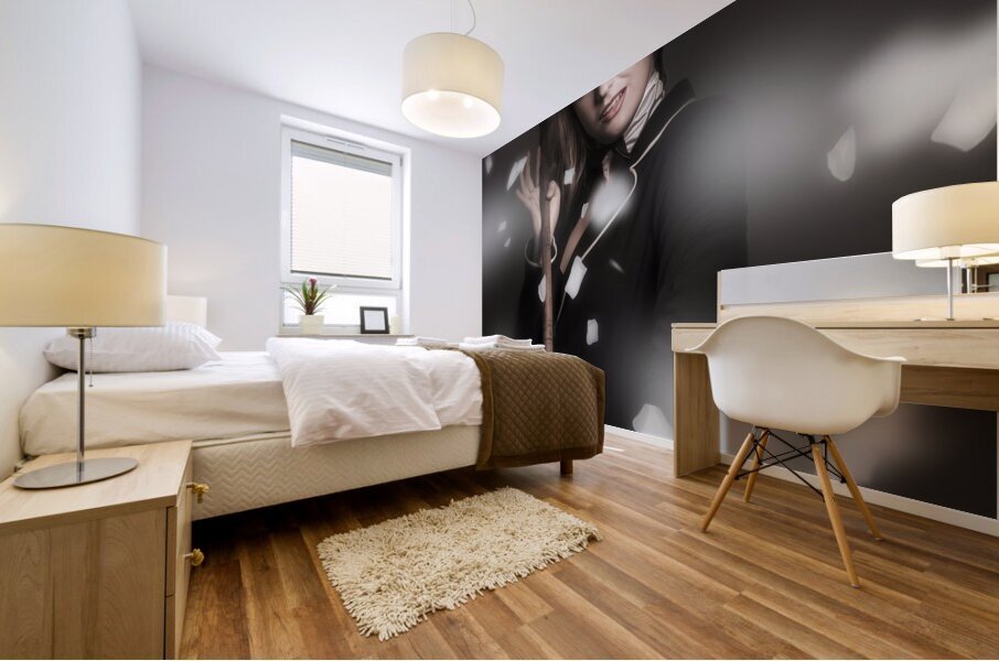 Beautiful vintage girl dancing with flower petals Mural print