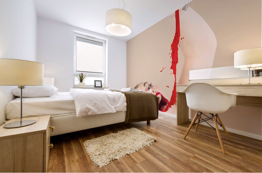 Beautiful Blonde Make-up Artist Woman Pouring Liquid Lipstick Mural print