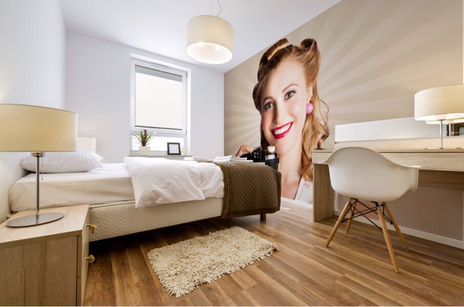 Young Smiling Vintage Girl Taking Photo Mural print