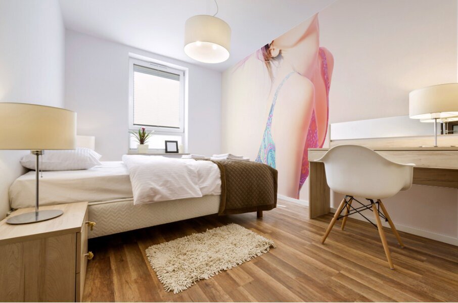 Sun flared 70s pin-up girl posing in funky colour Mural print