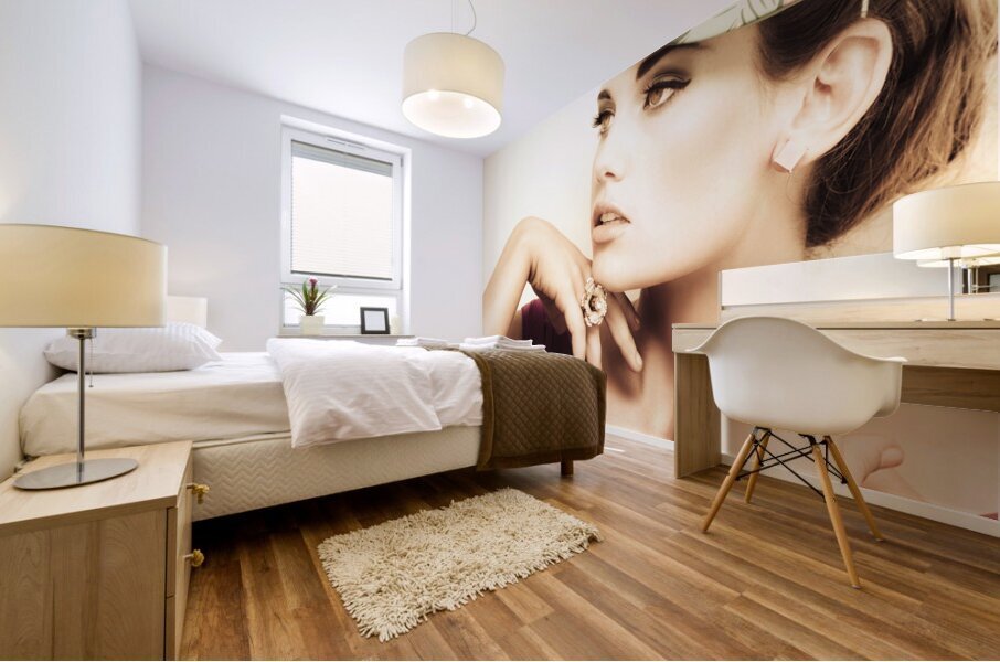 woman wearing v-neck blouse and floral hat Mural print