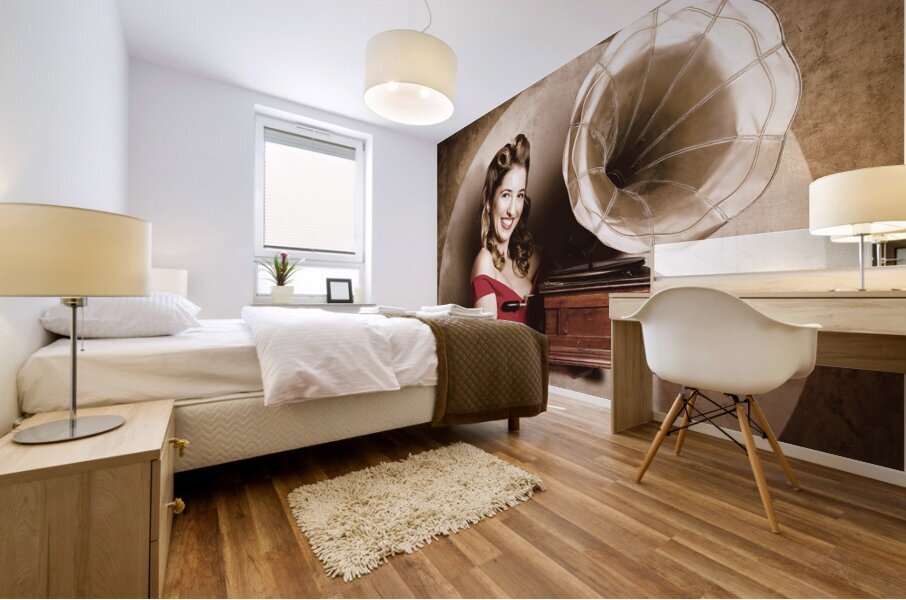 Vintage pin-up girl listening to record player Mural print