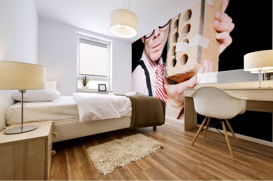 Male Nerd Inventor Holding Brick Mobile Telephone Mural print