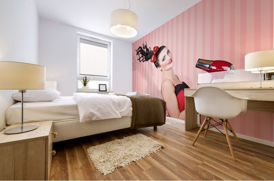 Fashion model straightening long brunette hair Mural print