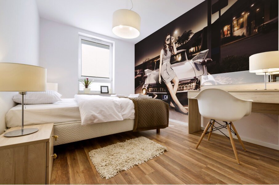 Retro Sixties Pinup Girl On Vintage Car Mural print