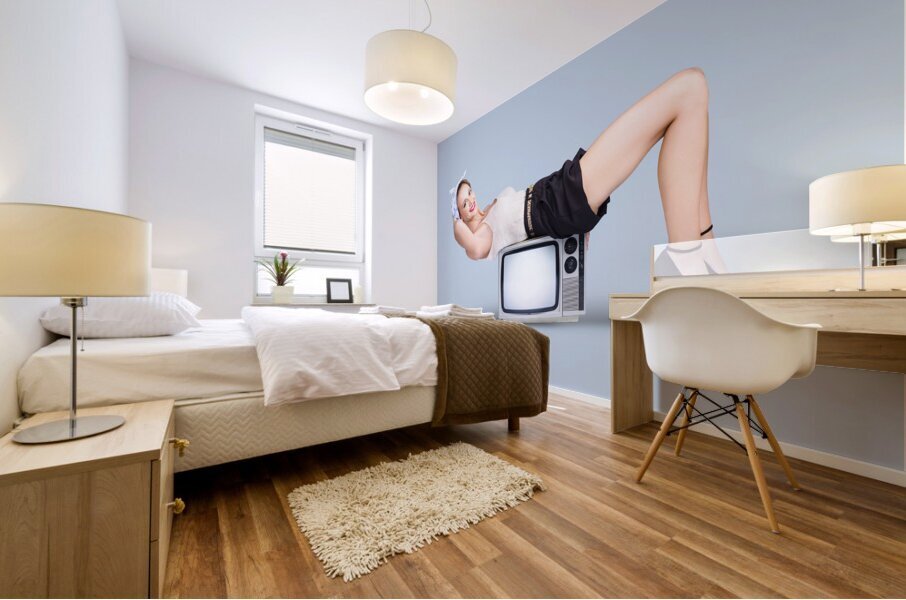 Retro housewife doing television aerobic exercise Mural print