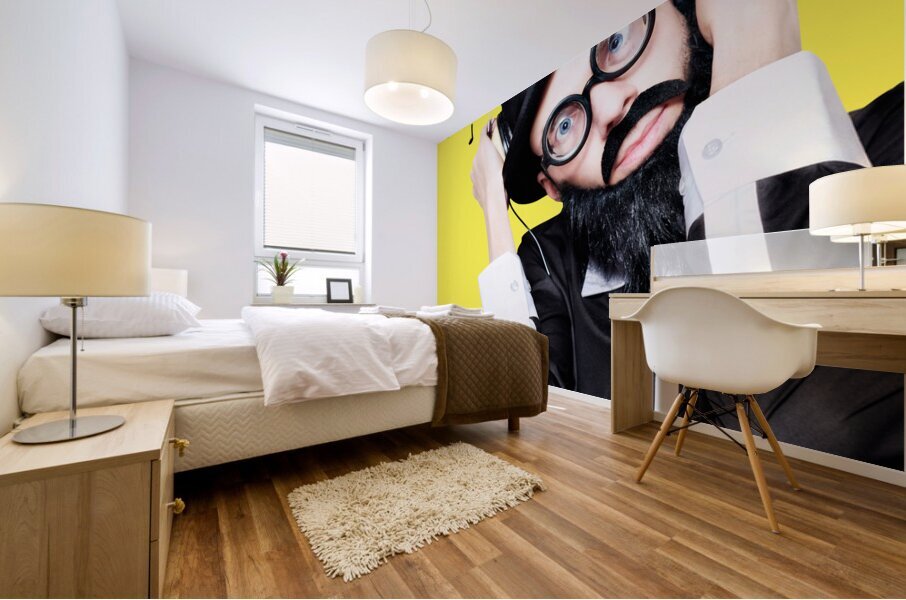 Funny Man Wearing Headphone On White Background Mural print