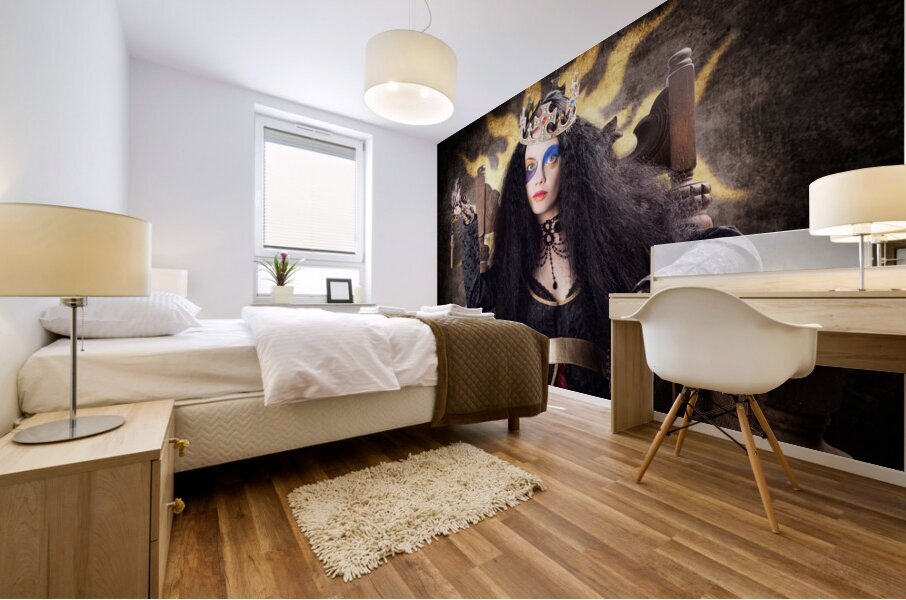 Storybook queen jester holding religious cross Mural print