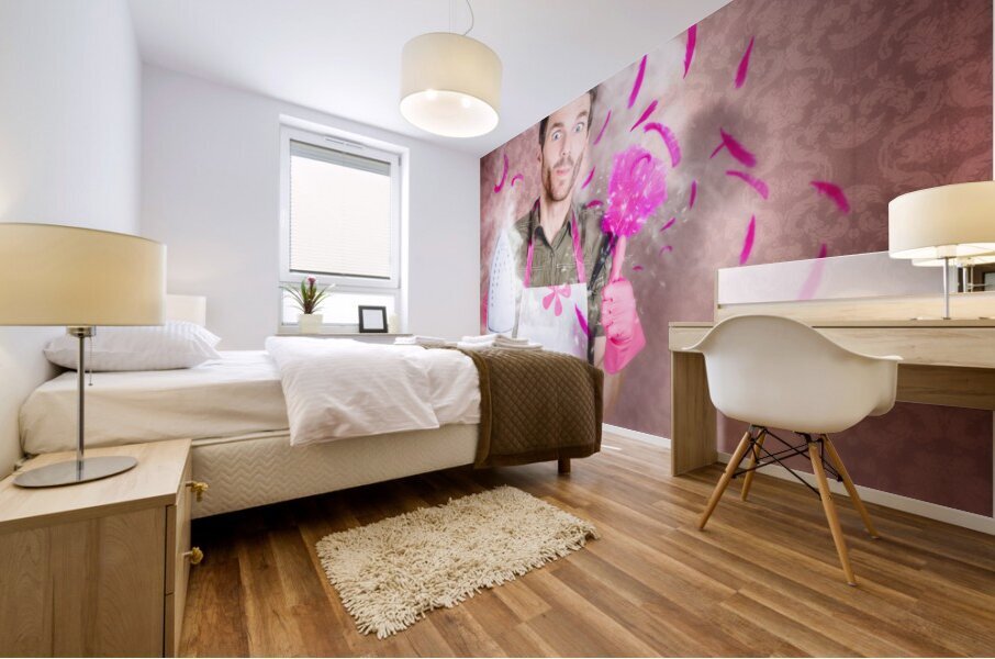 Funny cleaning man doing housework chores Mural print